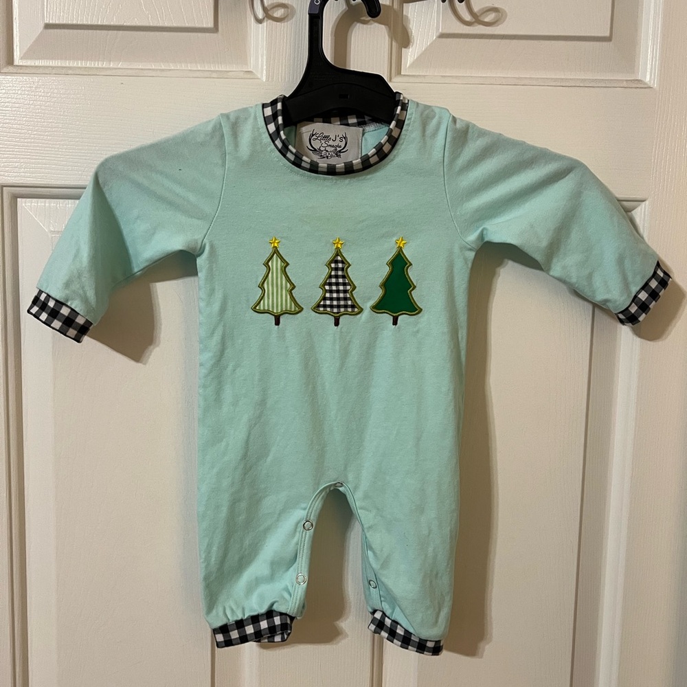 Baby Boy 3mo Blue Buffalo Check Embroidered Smocked Christmas Trees Romper